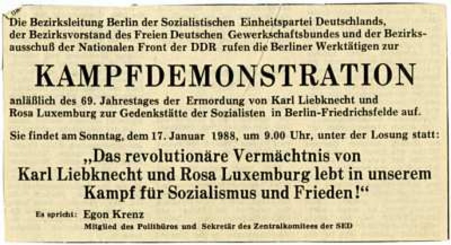 „Kampfdemonstration“: Anzeige vom 15. Januar 1988. Wie jedes Jahr wird in allen Zeitungen zur Teilnahme an der offiziellen Demonstration für Rosa Luxemburg und Karl Liebknecht aufgerufen.
