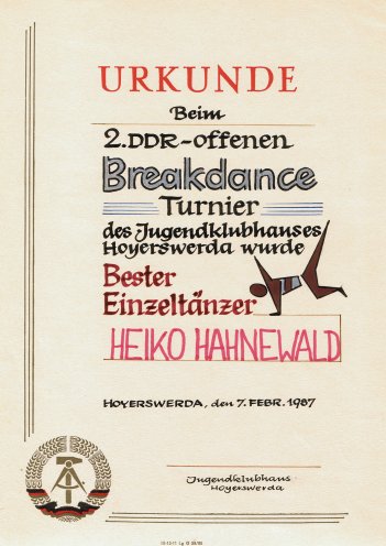Urkunde für Hahny als besten Solotänzer bei einem Wettbewerb im Jugendklubhaus Hoyerswerda am 7. Februar 1987. Quelle: Privatarchiv Heiko Hahnewald