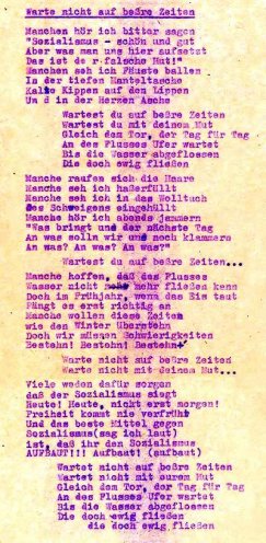 Text "Warte nicht auf beßre Zeiten", 1974 von Wolf Biermann geschrieben.