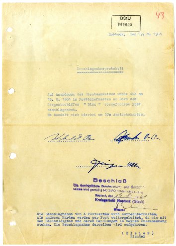 Die von Dietrich Gerloff geschriebenen Ausflugsgrüße kommen nie bei Heidi in West-Berlin an. Im Bild: das Beschlagnahmeprotokoll der Postkarte. Quelle: BStU, MfS, BV Rostock AU 146/61 GA Bd. 6