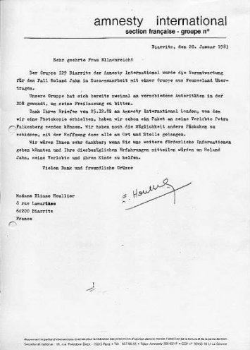 Ein Brief aus Biarritz: Madame Eliane Houllier schreibt Renate Ellmenreich (20. Januar 1983). Amnesty International unterstützt damit Roland Jahn.