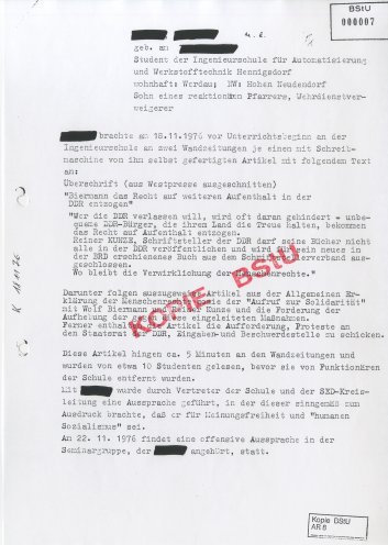 Bericht der Staatssicherheit über den Protest eines Studenten der Ingenieurhochschule Hennigsdorf gegen die Menschenrechtsverletzungen in der DDR. Quelle: BStU, MfS, HA IX 10048, Seite 1 von 3