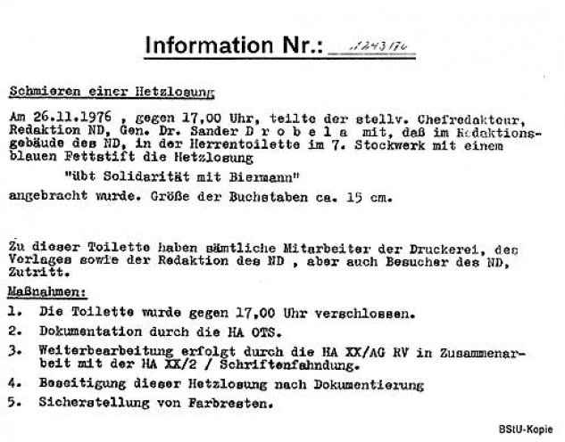 Die Stasi recherchiert auf dem Klo: Jemand hat auf der Herrentoilette im Redaktionsgebäude des Neuen Deutschland eine „Hetzlosung“ angebracht, 1976.