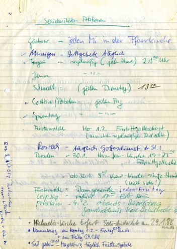 Ein Dokument der Kontakttelefon-Gruppe, die sich nach den Verhaftungen auf der Luxemburg-Liebknecht-Demonstration am 17. Januar 1988 in Berlin bildet. Neben Notizen über Telefongespräche wird auch festgehalten, wo in der DDR überall Protestaktionen...