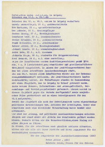 Information zu den Ereignissen in Leipzig zwischen dem 12. und 20. Januar 1989. Quelle: Robert-Havemann-Gesellschaft