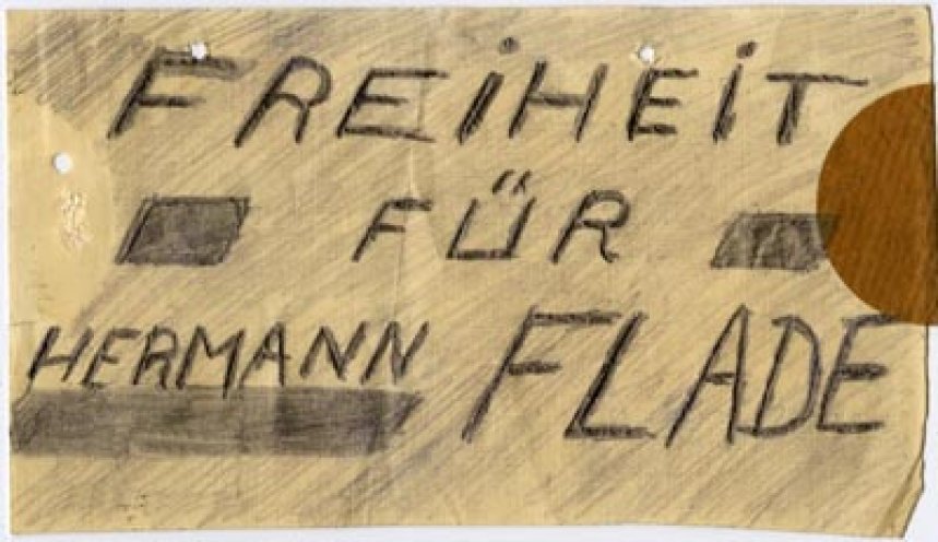 F steht auch für Flade: Flugblatt gegen die Inhaftierung Hermann Joseph Flades. Es wird im Januar 1951 in der SAG Wismut angebracht.