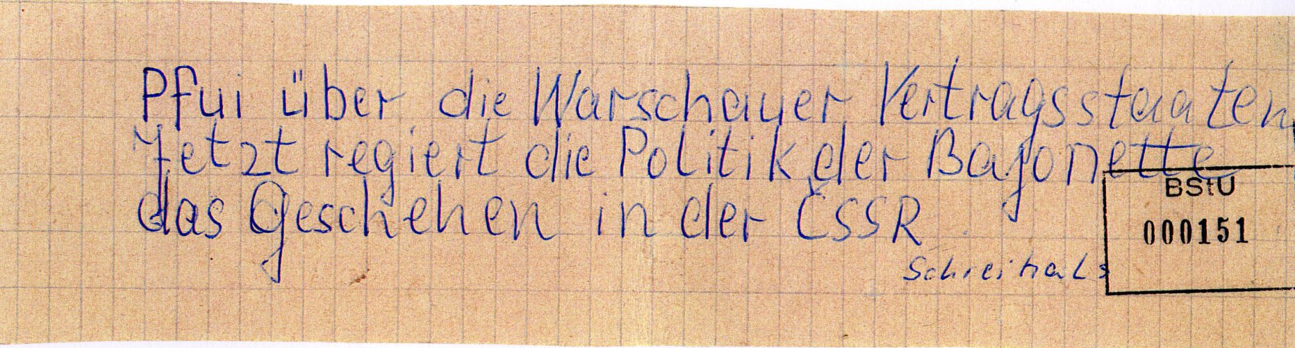 In Schwerin schreibt ein 21-jähriger Flugblätter gegen den Einmarsch der Warschauer-Pakt-Truppen in die CSSR und verteilt diese in Hausbriefkästen in seiner Wohngegend. Quelle: BStU, MfS, BV Schwerin, AU 11/69, GA Bd. 3, Bl. 151, Seite 5 von 10