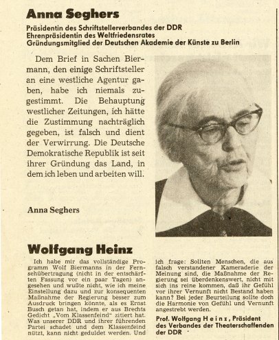 Die öffentlichen Erklärungen von Anna Seghers und Wolfgang Heinz zum Fall Biermann. Quelle: Neues Deutschland, 22. November 1976, S. 3