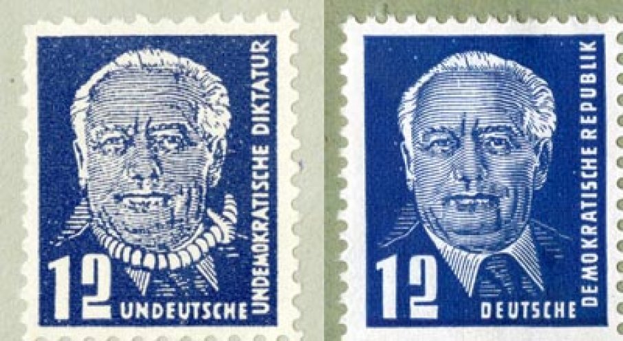 Von der KgU gefälschte und in der DDR in Umlauf gebrachte Briefmarken.