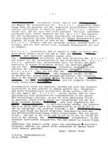 18. November 1976. Bericht des Stasi-Spitzels mit dem Decknamen „Helmut Falke“ zu den Aktivitäten am 17. November 1976 anlässlich der Biermann-Ausbürgerung. Quelle: BStU, MfS, Ast. Gera 740/77, Bd. 3, Seite 3 von 3
