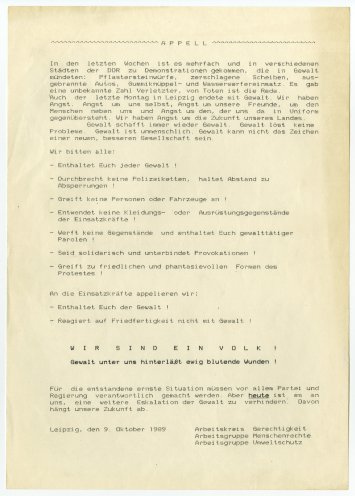 Leipziger Oppositionsgruppen appellieren am 9. Oktober 1989 an alle Demonstranten und Einsatzkräfte, sich friedlich zu verhalten. Quelle: Robert-Havemann-Gesellschaft