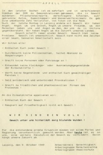 Leipziger Oppositionsgruppen appellieren am 9. Oktober 1989 an alle Demonstranten und Einsatzkräfte, sich friedlich zu verhalten.