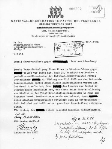 Nach seiner Verhaftung im Februar 1958 wird Johann Frömel aus der NDPD ausgeschlossen. Quelle: Robert-Havemann-Gesellschaft (BStU-Kopie)