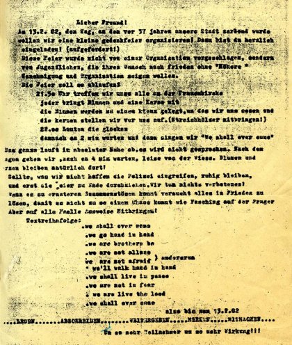 Aufruf von Johanna Kalex zur Demonstration am 13. Februar 1982 an der Ruine der Dresdner Frauenkirche.