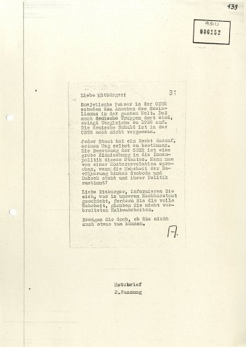 Zweite Fassung des Flugblatts, welches die drei Schülerinnen verschicken. Quelle: BStU, MfS, BV Frankfurt (Oder), AU 52/69 Bd. 4