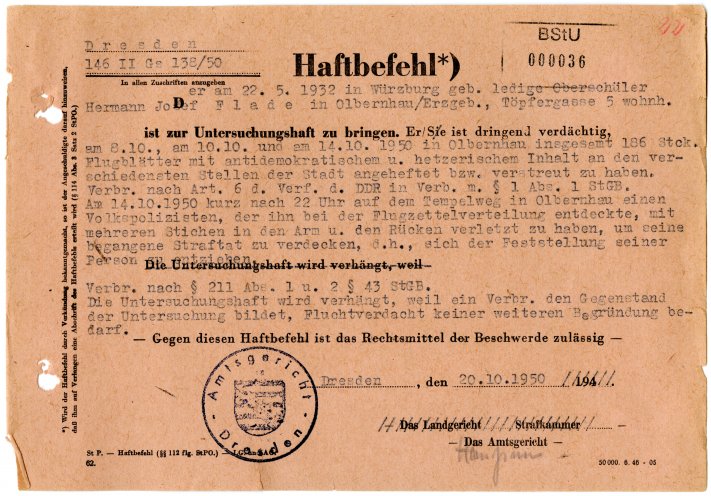 Der Haftbefehl gegen Hermann Joseph Flade, Oktober 1950. Quelle: BStU, MfS, Ast Chemnitz, 12/52 GA