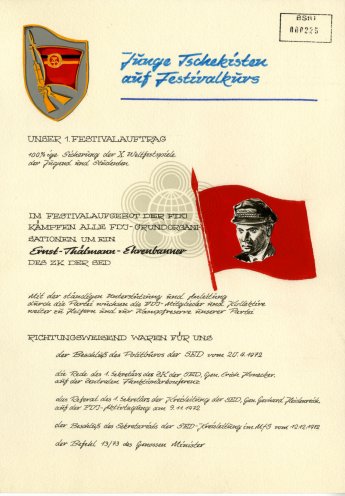 Auf Befehl des Genossen Minister: Die FDJ-Grundorganisation der Stasi verpflichtet sich zu Höchstleistungen im Kampf um die Sicherung der X. Weltfestspiele der Jugend und Studenten. Quelle: BStU, MfS, SED KL 4081, S. 225
