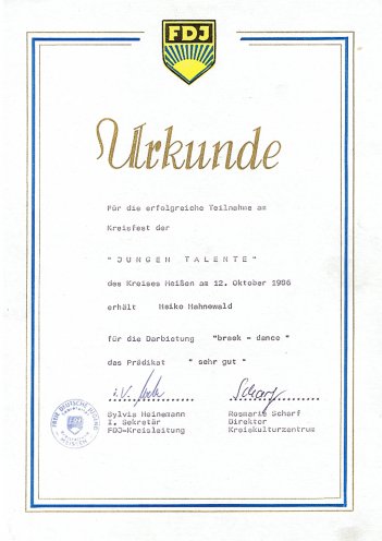 Hahny, Urkunde für Amateurlizenz, 12. Oktober 1986. Quelle: Privatsammlung Heiko Hahnewald