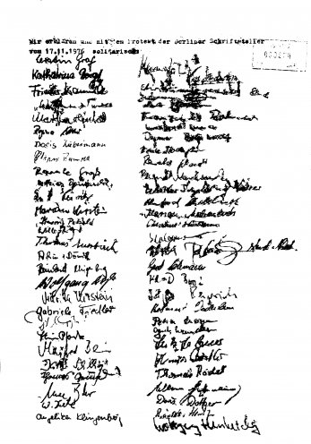 Unterschriftenliste der Jungen Gemeinde Jena-Stadtmitte vom 17. November 1976, mit der sich die Jenaer dem Protest der Berliner Künstler anschließen. Quelle: BStU, MfS, Ast. Gera 740/77, Bd. 3