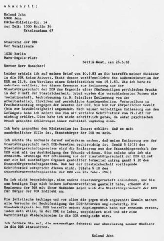 26. Juni 1983: Brief von Roland Jahn an Erich Honecker, in dem er den Staatsratsvorsitzenden der DDR dazu auffordert, die notwendigen Schritte zu seiner Rückkehr in die DDR einzuleiten.