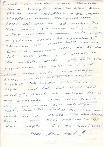 Im November 1961 flüchtet der 17-jährige Schüler Falco Werkentin nach West-Berlin. In einem Brief an einen Freund schildert er seine Flucht. Quelle: Privat-Archiv Falco Werkentin, Seite 5 von 6