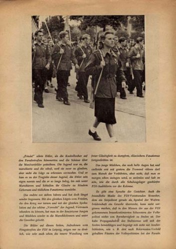 „Jugend auf dem Marsch in eine neue Tragödie“: Flugblatt der SPD von 1952, in dem sie Kritik an dem militaristischen Drill übt, dem die Jugend in der Sowjetzone ausgesetzt ist.