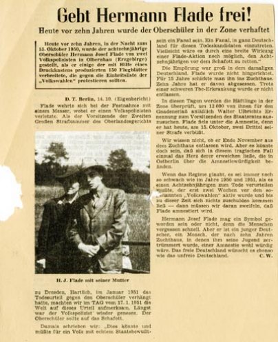 Zeitungsbericht über Hermann Joseph Flade, Oktober 1960.