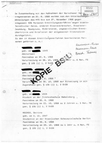 „Staatsfeindliche Hetze“: Bericht des MfS über die Flugblattaktion von Thomas Brasch, Rosita Hunzinger, Erika Berthold, Sanda Weigl und Bettina Wegner.