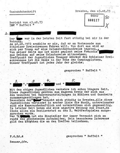 Der IM „Raffelt“ berichtet dem MfS live aus der Tramperszene: Vielen wurde zu den X. Weltfestspielen ein Berlin-Verbot erteilt.