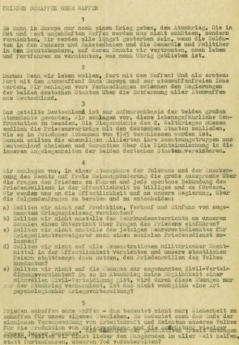 25. Januar 1982: der Berliner Appell „Frieden schaffen ohne Waffen“, verfasst von Robert Havemann und Rainer Eppelmann. Den Verfassern des Appells geht es um eine dauerhafte Grundlage einer Friedensordnung und nicht um einen Frieden als Abwesenheit...