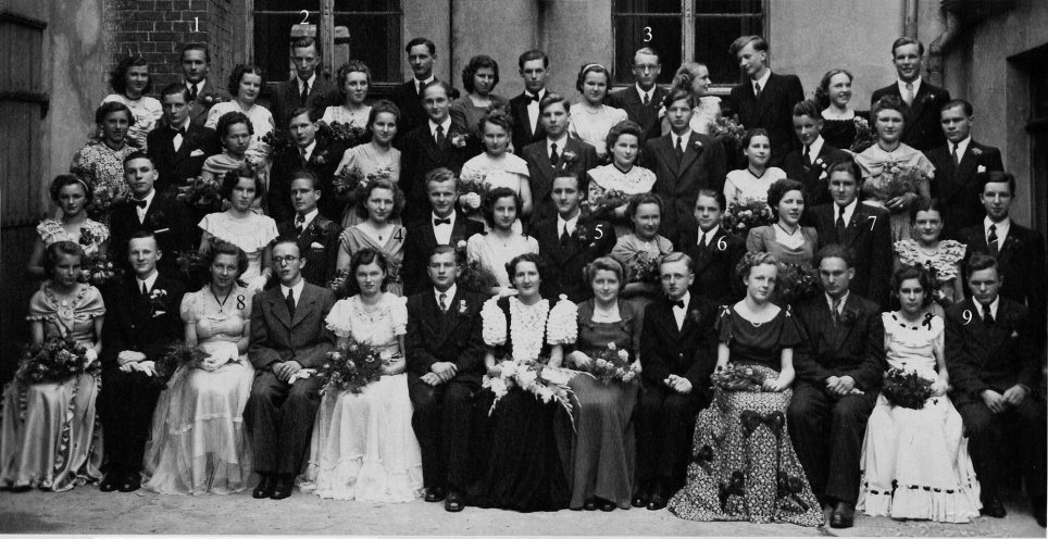 Die Werdauer Oberschüler bei ihrem Tanzstundenabschlussball 1950. Hintere Reihe: 2. v. l.: Joachim Gäbler, 4. v. l.: Theobald Körner, 10. v. l.: Heinz Rasch; 2. Reihe von vorne: 5. v. l.: Sigrid Roth, 8. v. l.: Siegfried Müller, 10. v. l.: Gerhard...