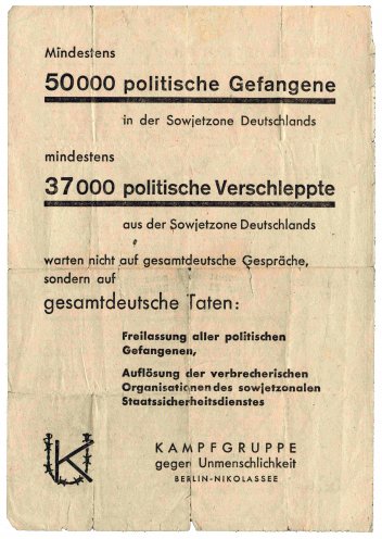 Flugblatt der KgU, welches von den Oberschülern in Werdau und Umgebung verteilt wird. Quelle: Privat-Archiv Achim Beyer