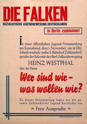 Die Falken sind in Berlin zugelassen! Ein Veranstaltungsplakat vom Oktober 1947. Quelle: Archiv der sozialen Demokratie, Bonn