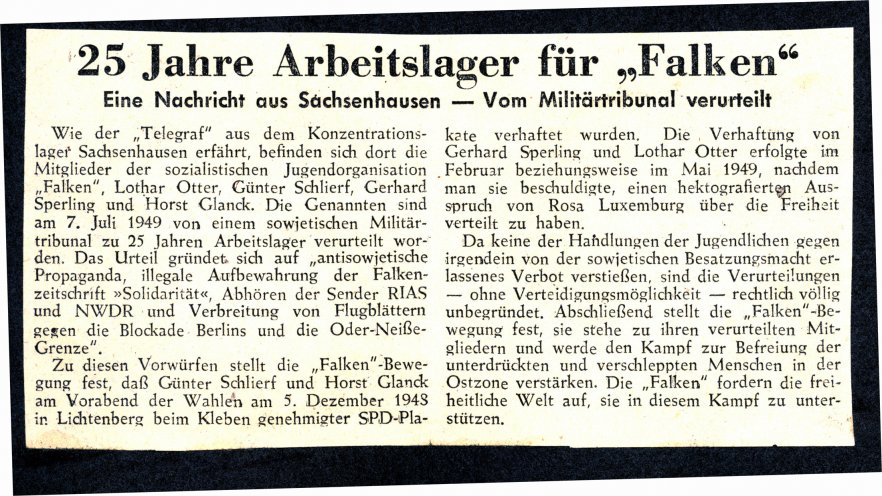 Telegraf-Meldung über das Urteil gegen Otter, Glanck, Schlierf und Sperling (Mitte Oktober 1949). Quelle: Landesbeauftragter für die Stasi-Unterlagen Berlin
