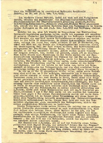 Bericht eines Medizinstudenten über die Vorkommnisse vom 30. und 31. März 1955. Quelle: Universitätsarchiv Greifswald, Seite 1 von 2