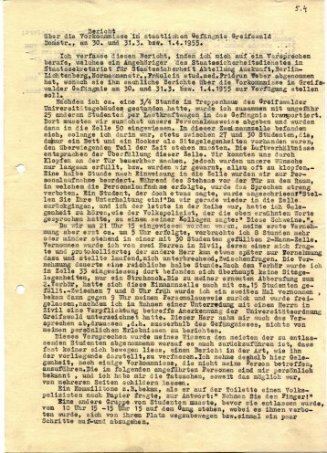 Bericht eines Medizinstudenten über die Vorkommnisse vom 30. und 31. März 1955. Quelle: Universitätsarchiv Greifswald, Seite 1 von 2