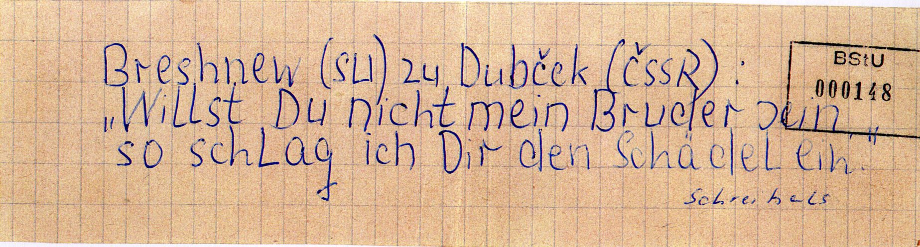In Schwerin schreibt ein 21-jähriger Flugblätter gegen den Einmarsch der Warschauer-Pakt-Truppen in die CSSR und verteilt diese in Hausbriefkästen in seiner Wohngegend. Quelle: BStU, MfS, BV Schwerin, AU 11/69, GA Bd. 3, Bl. 148, Seite 2 von 10