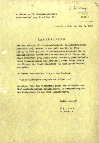 In wenigen Tagen werden ein Großteil der Flugblätter von pflichtbewußten Bürgern bei der Volkspolizei oder der Staatssicherheit abgegeben. Quelle: BStU, MfS, BV Frankfurt (Oder), AU 52/69 Bd. 2