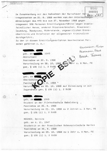 „Staatsfeindliche Hetze“: Bericht des MfS über die Flugblattaktion von Thomas Brasch, Rosita Hunzinger, Erika Berthold, Sanda Weigl und Bettina Wegner. Quelle: BStU, MfS, AU 339/90, Seite 1 von 2