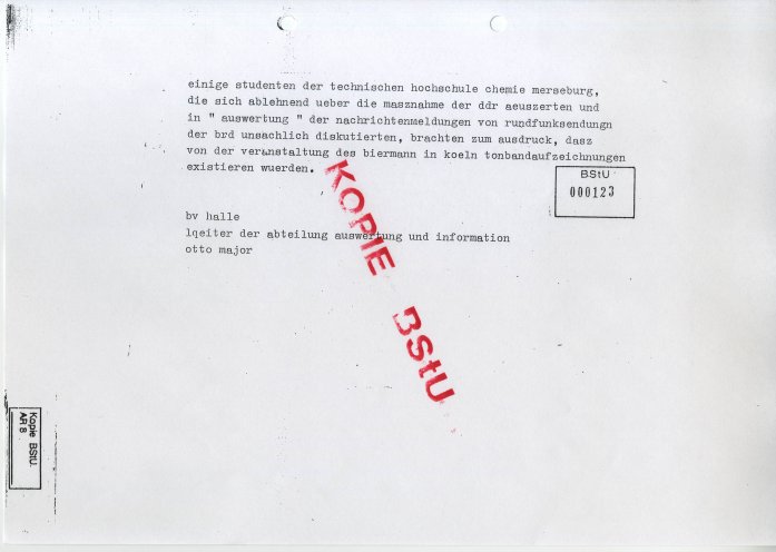 Damit hat die Stasi nicht gerechnet: In der ganzen DDR kursieren Tonbandaufzeichnungen von Biermanns Konzert in Köln, so auch unter Studenten in Merseburg. Quelle: BStU, MfS, HA XX/AKG 877, Bl. 123