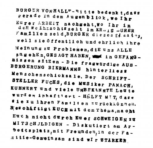 „Macht Euch nicht durch euer Schweigen zu Mitschuldigen“: Etwa 500 Flugblätter werden am 23. Dezember 1976 in Halle in Briefkästen und Hausfluren verteilt. Zehn Jahre lang versucht die Stasi, die Urheber zu finden. Vergeblich. Quelle: Zeitgeschichte(n)...