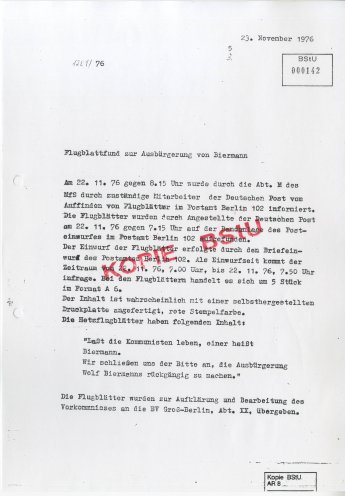 Die Stasi notiert den Fund von Flugblättern im Postamt Mitte in Berlin. Quelle: BStU, MfS, HA XX/AKG 5367, Bl. 179