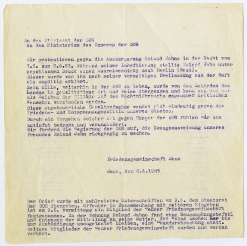 8. Juni 1983: Ein Brief an den Staatsrat und das Ministerium des Innern der DDR, mit dem Protest der Friedensgemeinschaft Jena gegen die gewaltsame Ausbürgerung von Roland Jahn in der Nacht zuvor. Quelle: Robert-Havemann-Gesellschaft