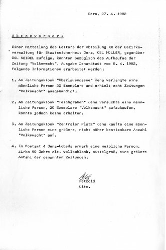 Aktenvermerk des MfS (27. April 1982) über den Kauf von Zeitungen durch eine unbekannte männliche Person. Quelle: Bundesarchiv / Stasi-Unterlagen-Archiv