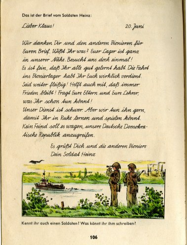 Der Soldat, dein Freund und Beschützer: Beispiel aus dem Lesebuch für die erste Klasse. Quelle: Unsere Fibel, Verlag Volk und Wissen, 1983