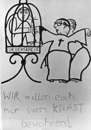 Ein Plakat, das auf der 3. Friedenswerkstatt in der Erlöserkirche in Berlin verkauft wird (8. Juli 1984). Quelle: Robert-Havemann-Gesellschaft