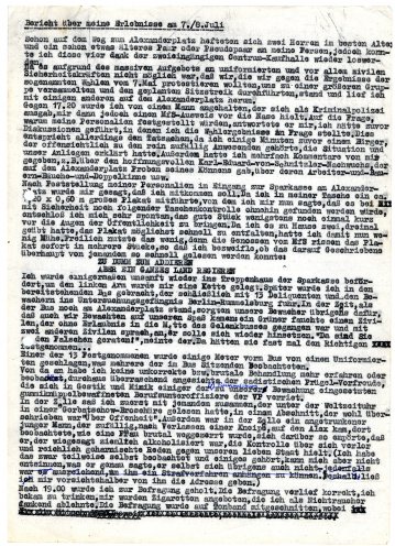 Bericht von Olaf Stabs über seine Erlebnisse nach der Verhaftung auf der Demonstration gegen den Wahlbetrug am 7. Juli 1989. Seite 1 von 2