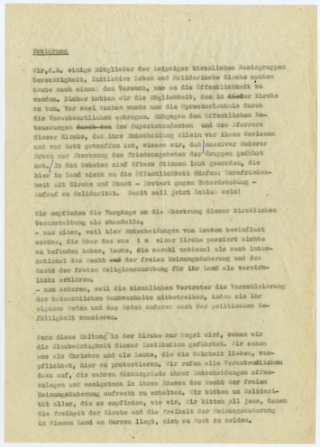 "Wir sehen uns als Christen und als Leute, die die Wahrheit lieben, verpflichtet, hier zu protestieren": 1988 erklären Mitglieder des Arbeitskreises Gerechtigkeit, der Initiativgruppe Leben und des Arbeitskreises Solidarische Kirche Leipzig, warum die...