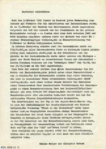 Rostocker Aktivitäten: Bericht über die Fürbittandachten und Demonstrationen im Oktober 1989. Quelle: Robert-Havemann-Gesellschaft (BStU-Kopie)
