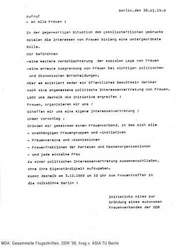Gründungsaufruf des Unabhängigen Frauenverbands (26. November 1989). Quelle: Robert-Havemann-Gesellschaft
